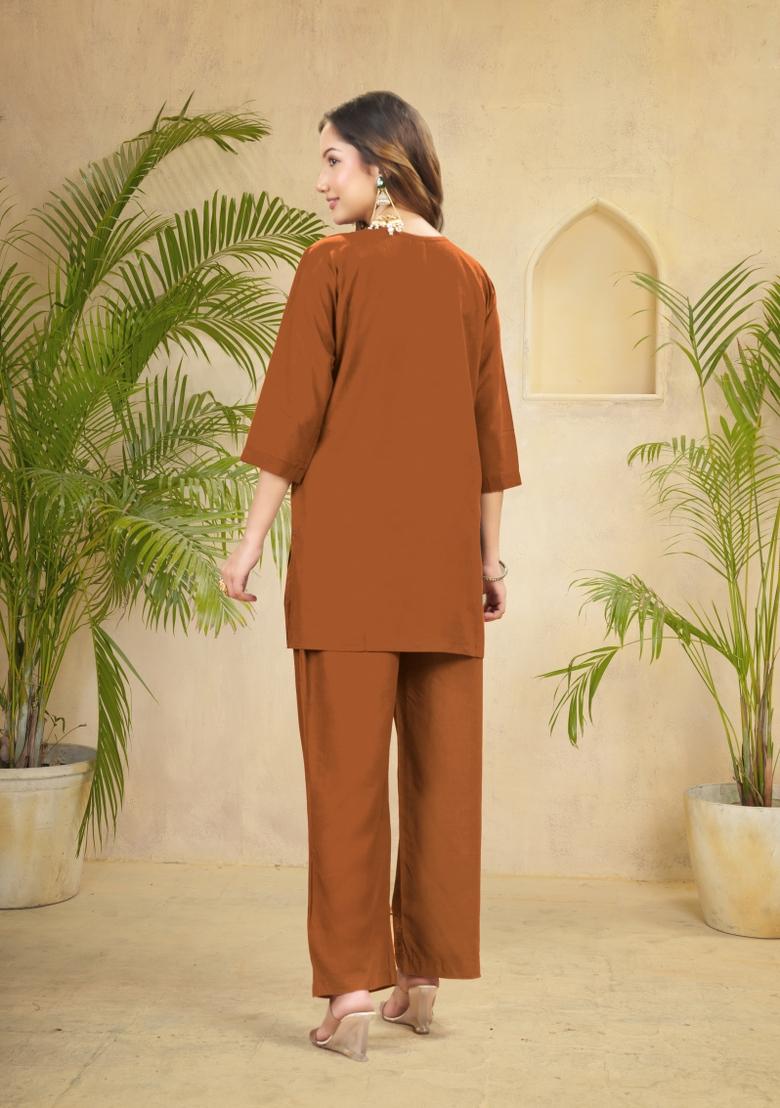 Coffee Embroidered Rayon Co Ords Set - Indya