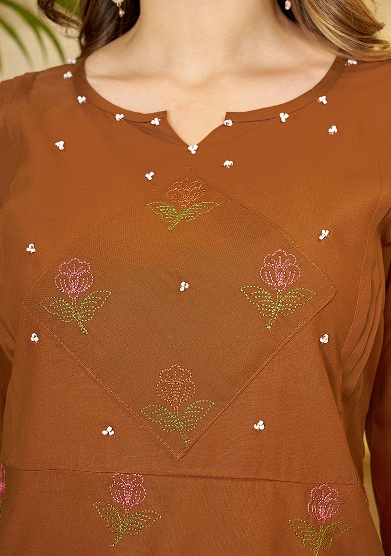 Coffee Embroidered Rayon Co Ords Set - Indya