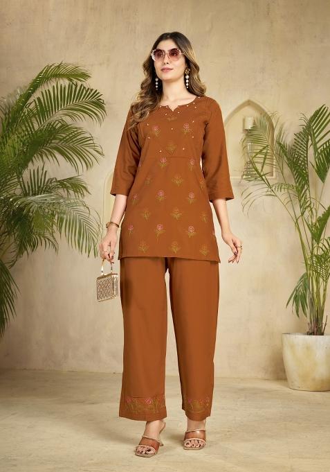 Coffee Embroidered Rayon Co Ords Set