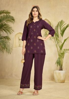 Wine Embroidered Rayon Co Ords Set
