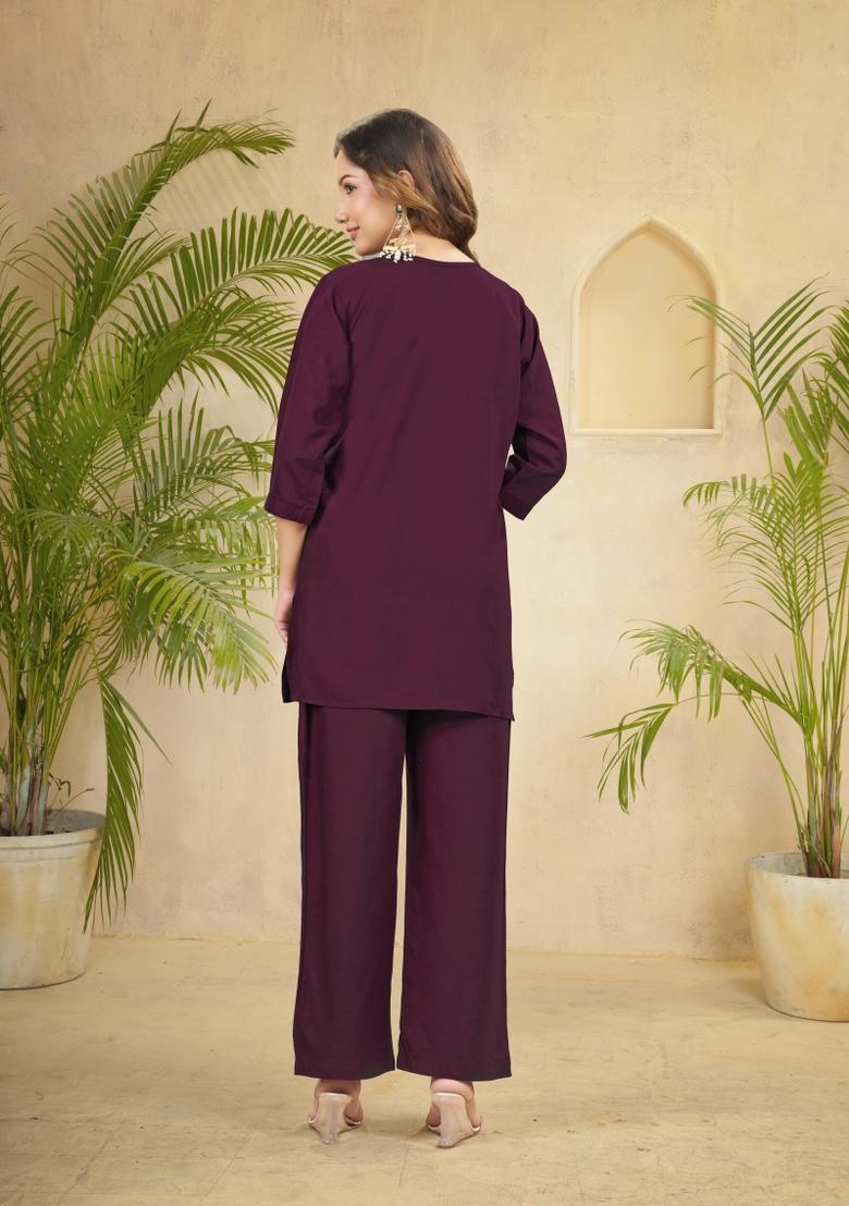 Wine Embroidered Rayon Co Ords Set - Indya