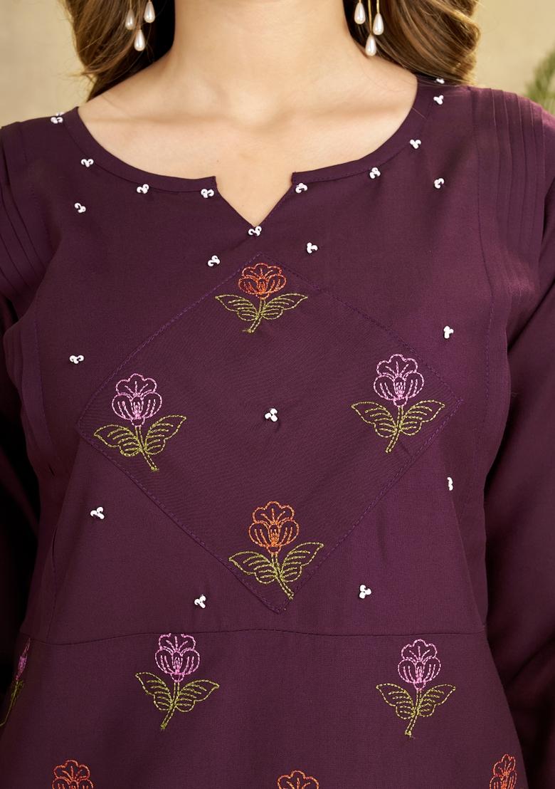 Wine Embroidered Rayon Co Ords Set - Indya