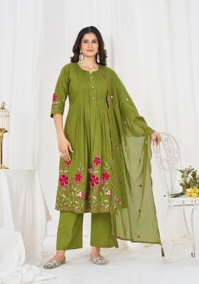 Green Embroidered Cotton Kurta Set