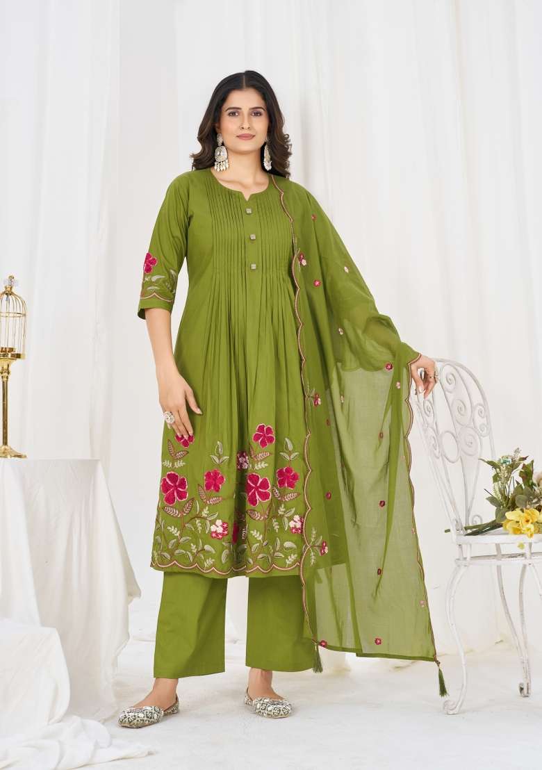 Green Embroidered Cotton Kurta Set - Indya