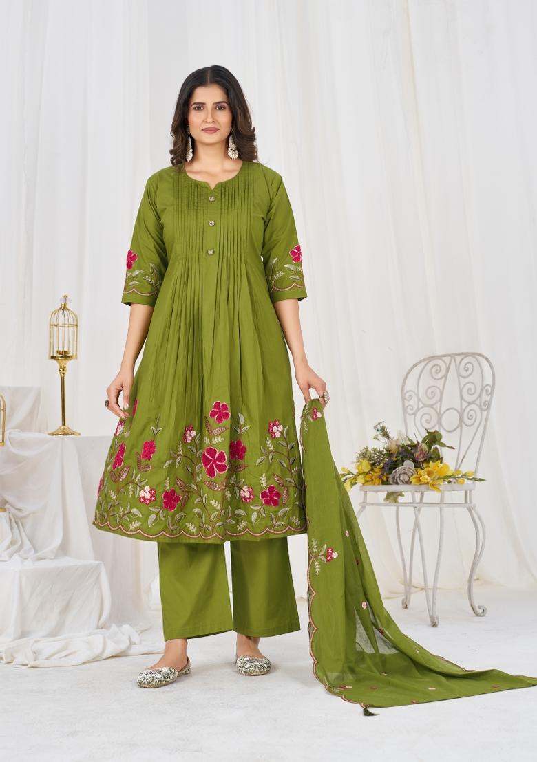 Green Embroidered Cotton Kurta Set - Indya