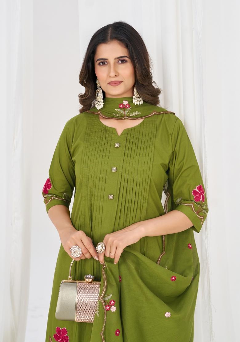 Green Embroidered Cotton Kurta Set - Indya