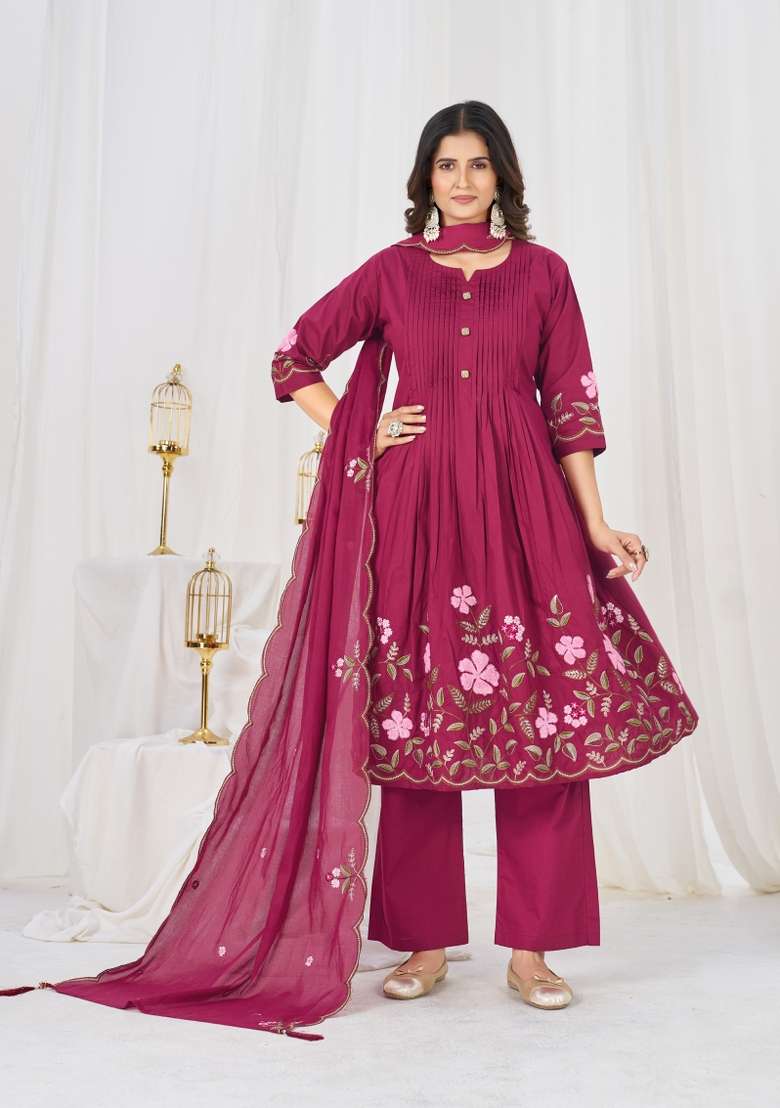 Pink Embroidered Cotton Kurta Set - Indya
