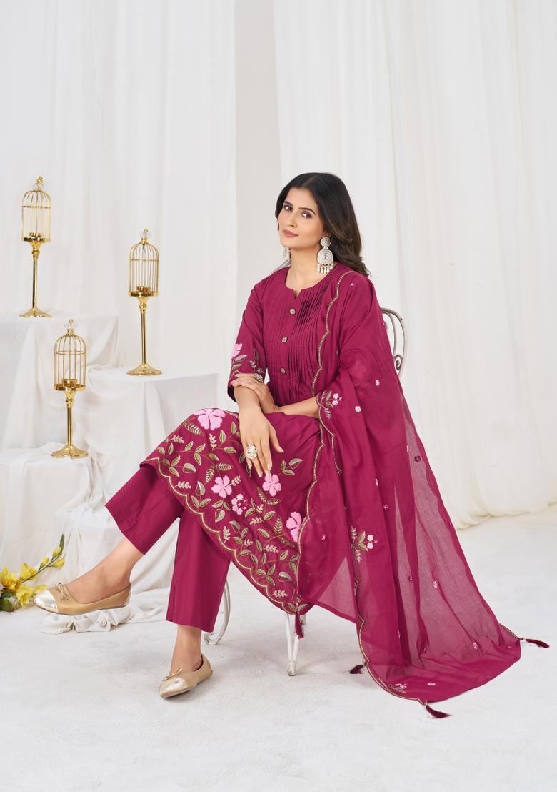 Pink Embroidered Cotton Kurta Set - Indya