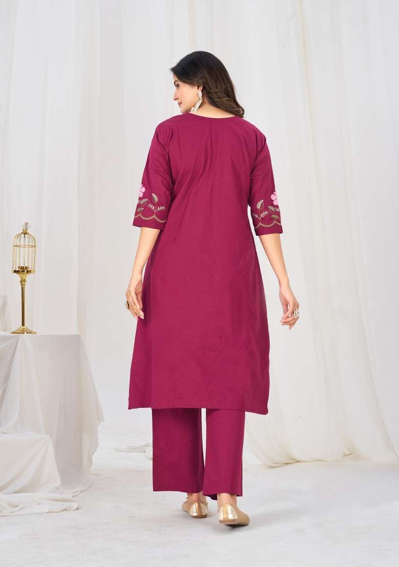 Pink Embroidered Cotton Kurta Set - Indya
