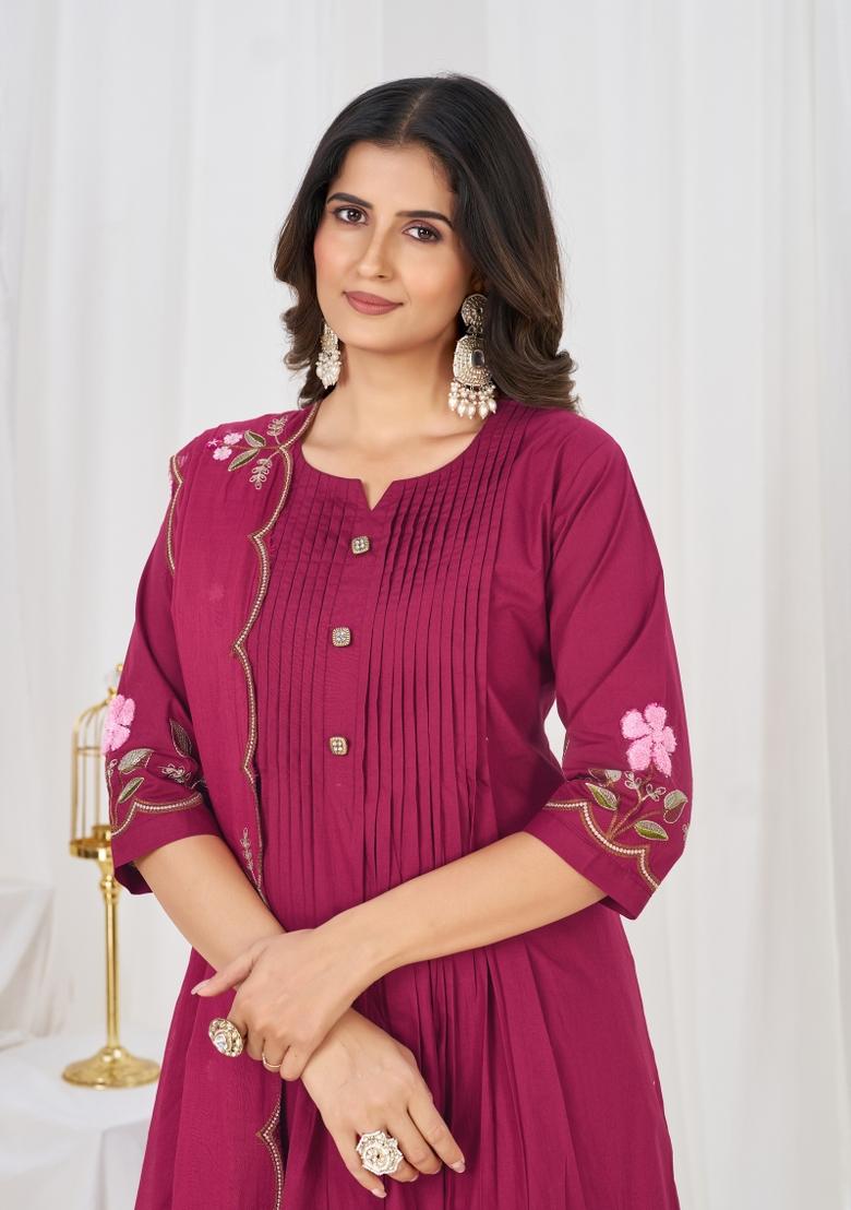 Pink Embroidered Cotton Kurta Set - Indya