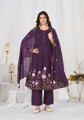 Purple Embroidered Cotton Kurta Set