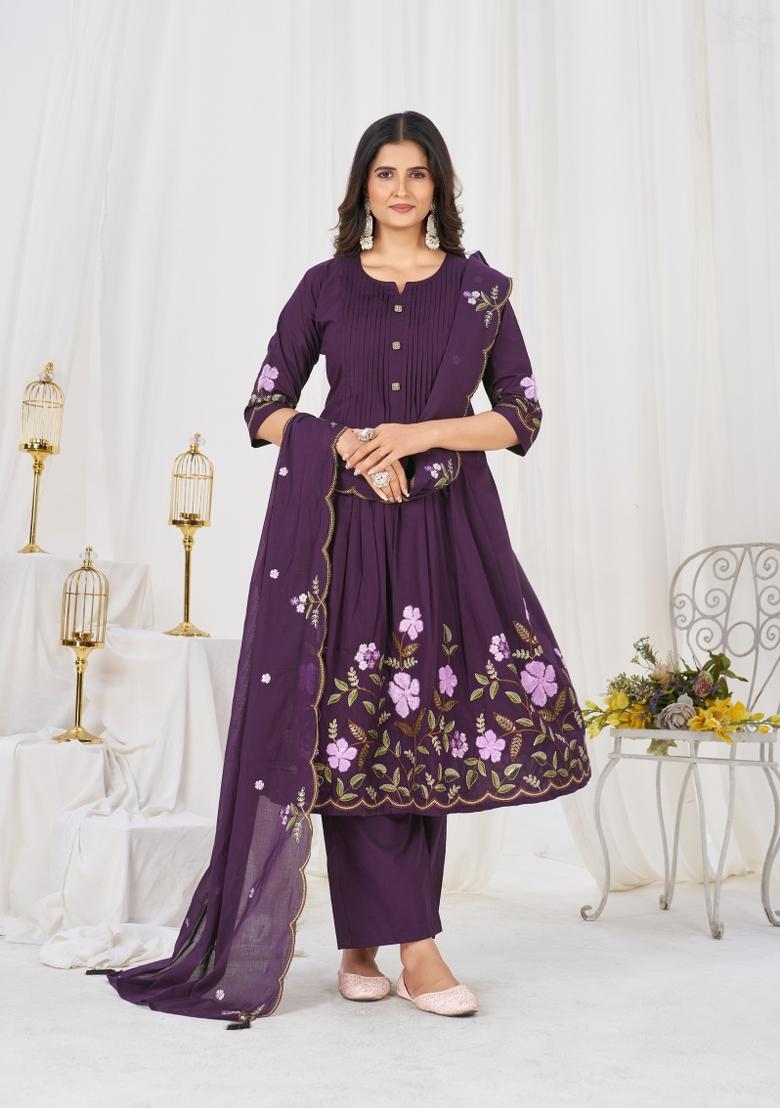 Purple Embroidered Cotton Kurta Set - Indya