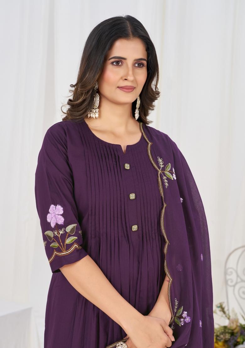 Purple Embroidered Cotton Kurta Set - Indya