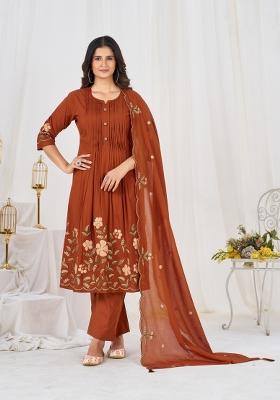 Rust Embroidered Cotton Kurta Set