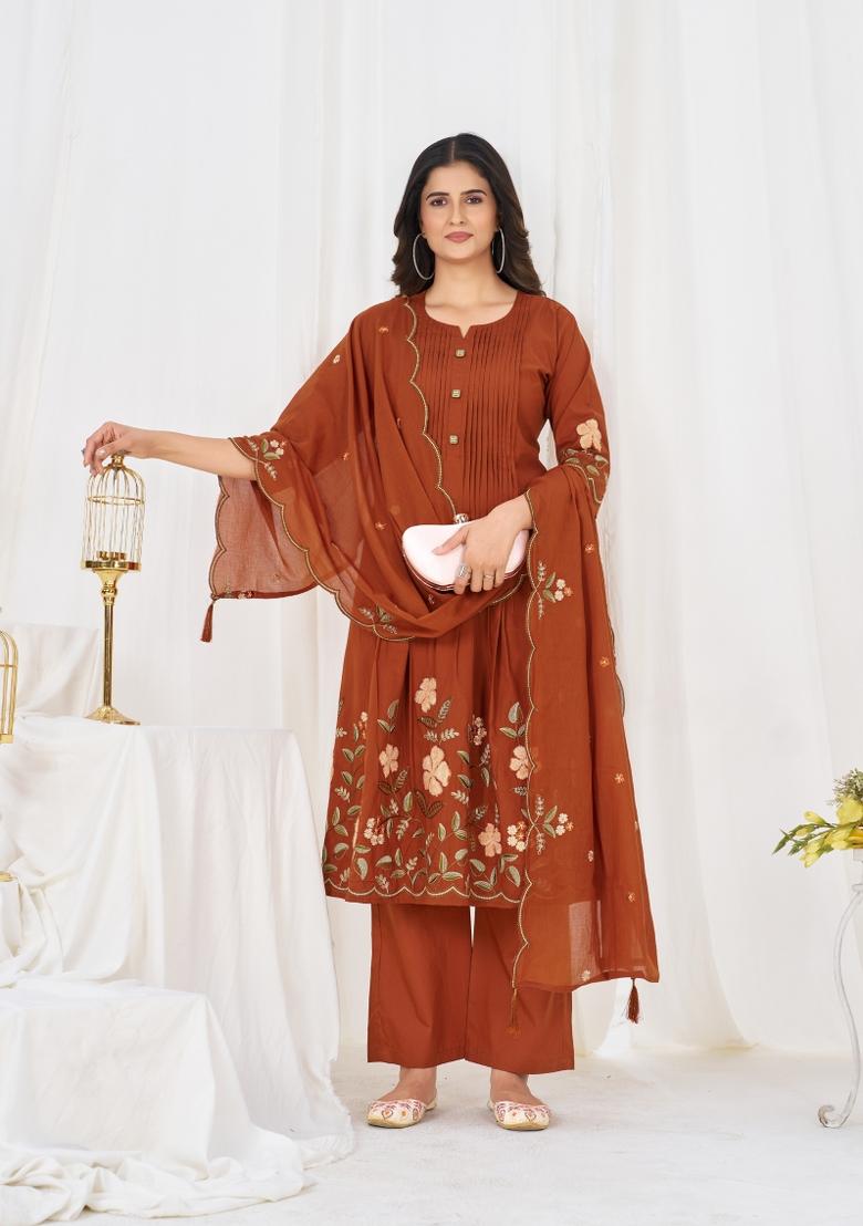 Rust Embroidered Cotton Kurta Set - Indya