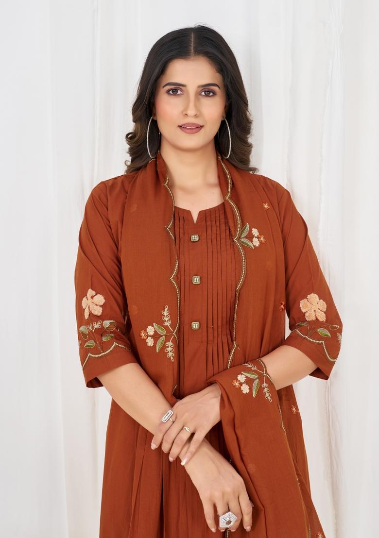Rust Embroidered Cotton Kurta Set - Indya
