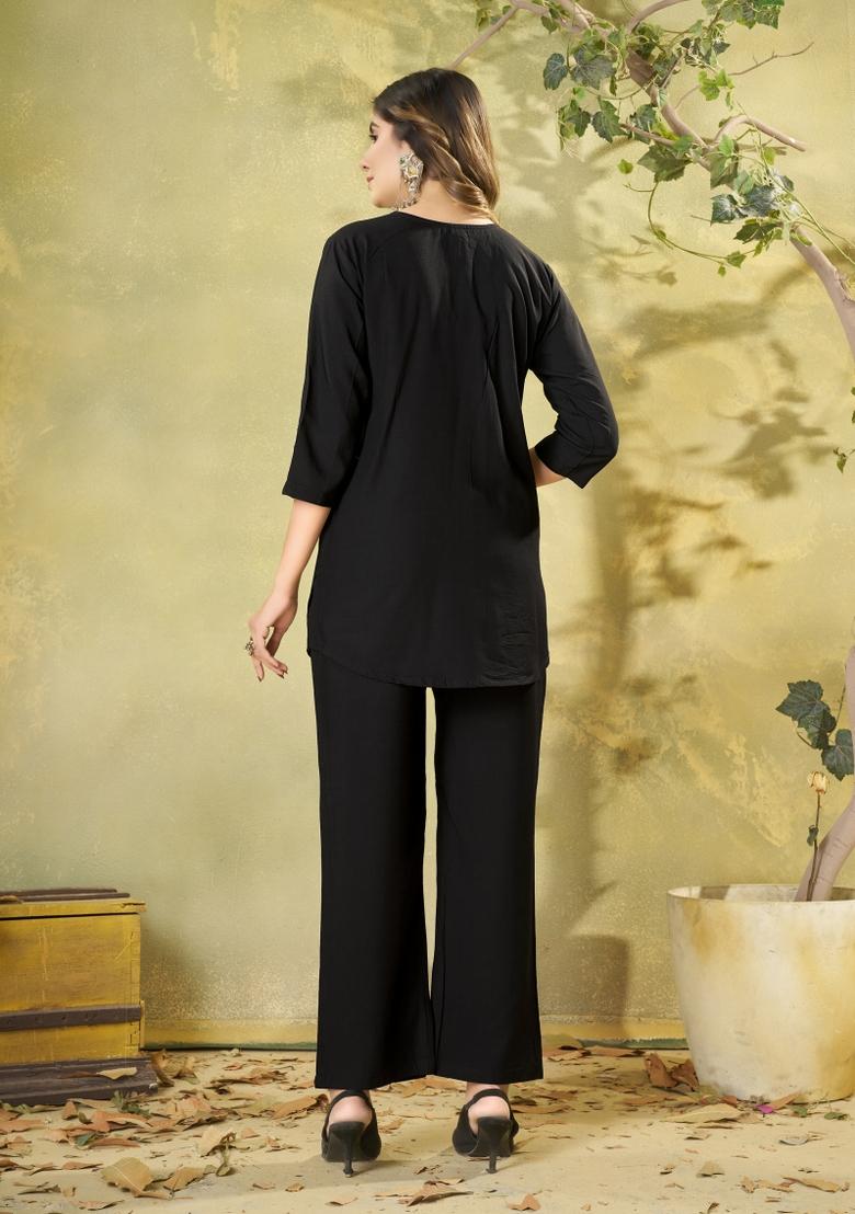 Black Embroidered Rayon Co Ords Set - Indya