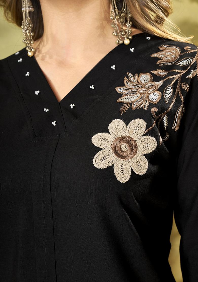 Black Embroidered Rayon Co Ords Set - Indya