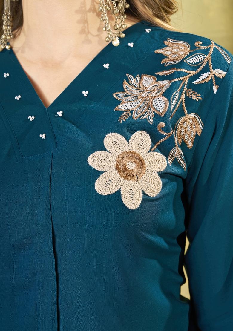 Morpeach Blue Embroidered Rayon Co Ords Set - Indya