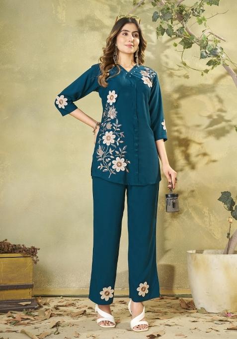 Morpeach Blue Embroidered Rayon Co Ords Set