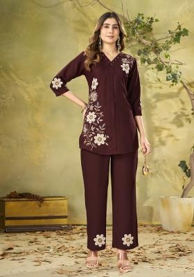Wine Embroidered Rayon Co Ords Set