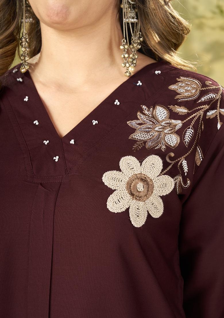 Wine Embroidered Rayon Co Ords Set - Indya