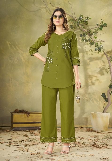 Mehendi Embroidered Cotton Co Ords Set