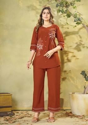 Rust Embroidered Cotton Co Ords Set