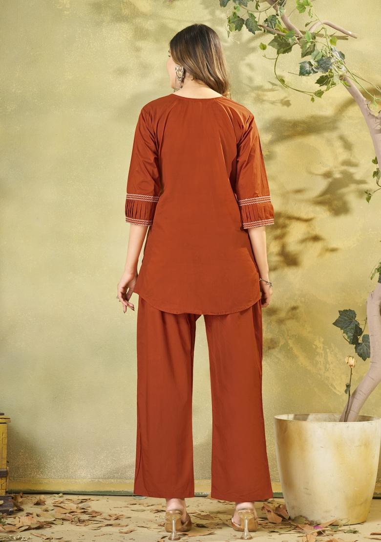 Rust Embroidered Cotton Co Ords Set - Indya
