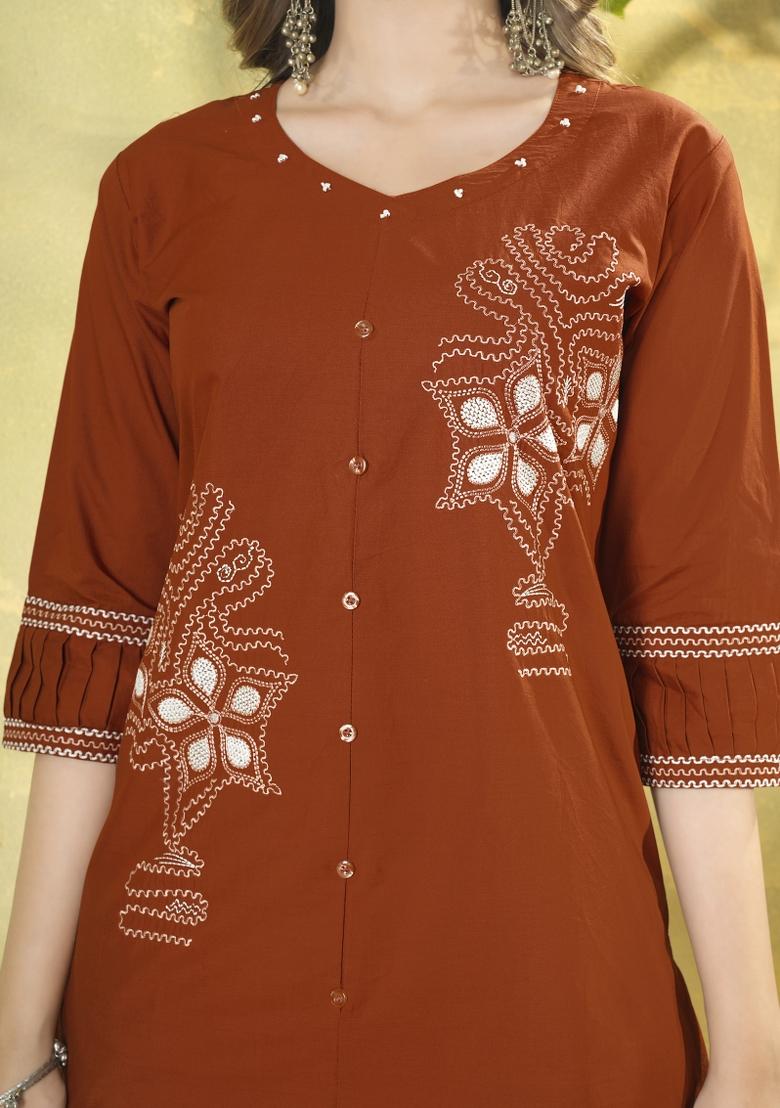 Rust Embroidered Cotton Co Ords Set - Indya