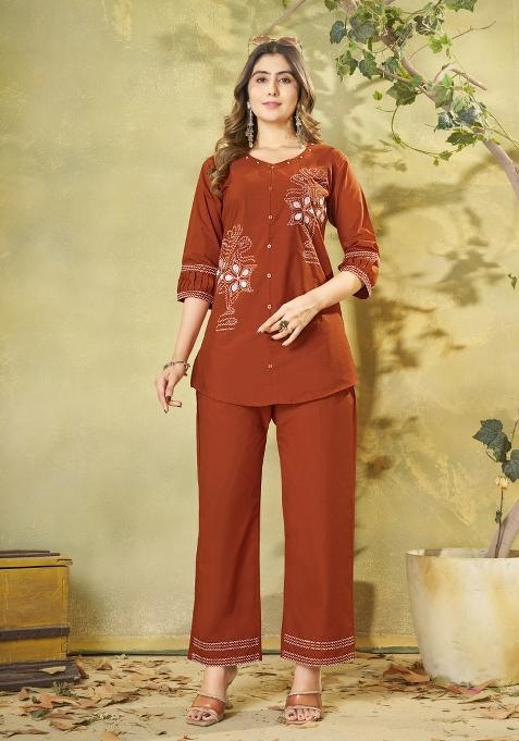 Rust Embroidered Cotton Co Ords Set