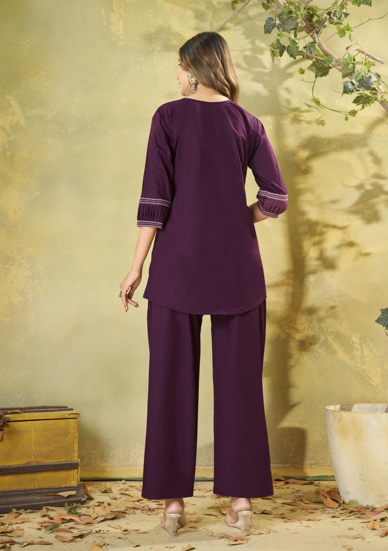 Wine Embroidered Cotton Co Ords Set - Indya