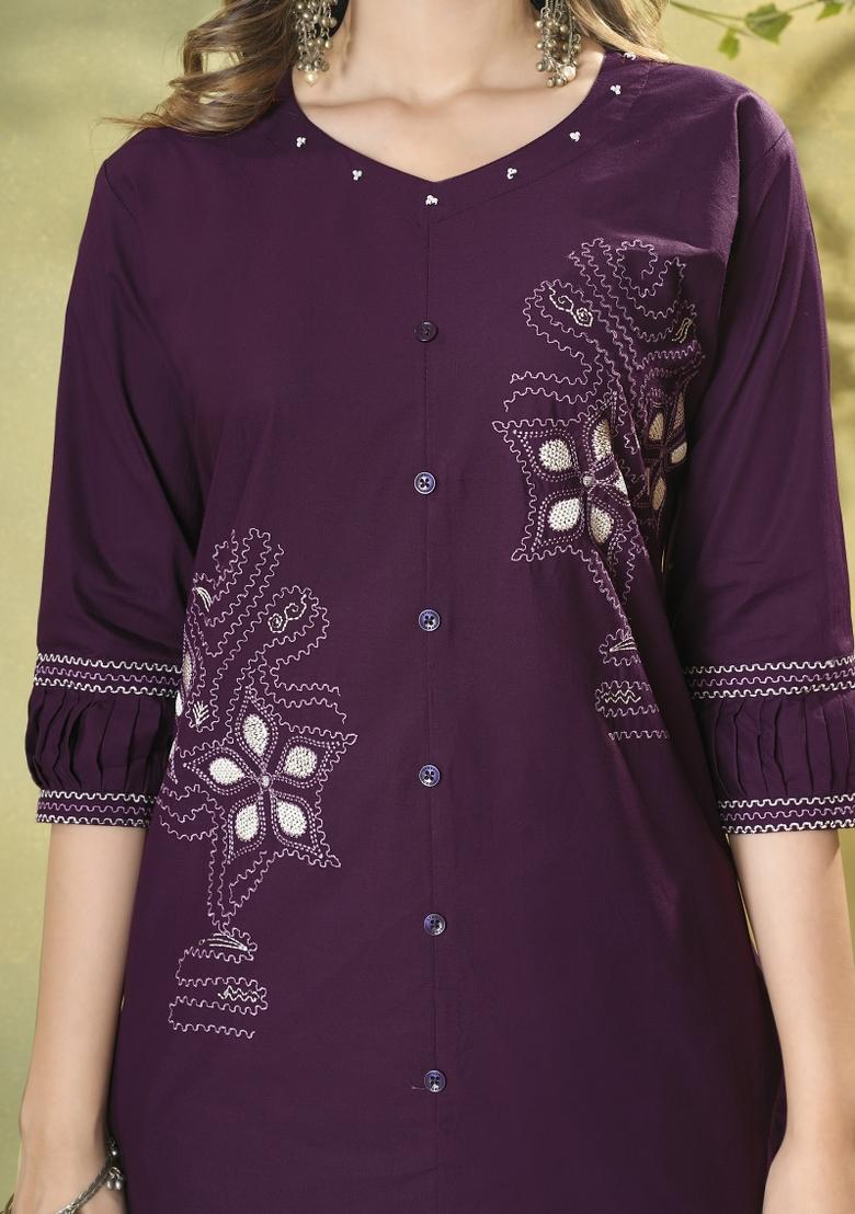 Wine Embroidered Cotton Co Ords Set - Indya