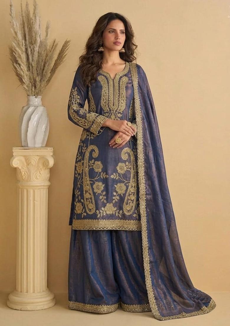 Purple Sequin Work Silk Kurta Set - Indya