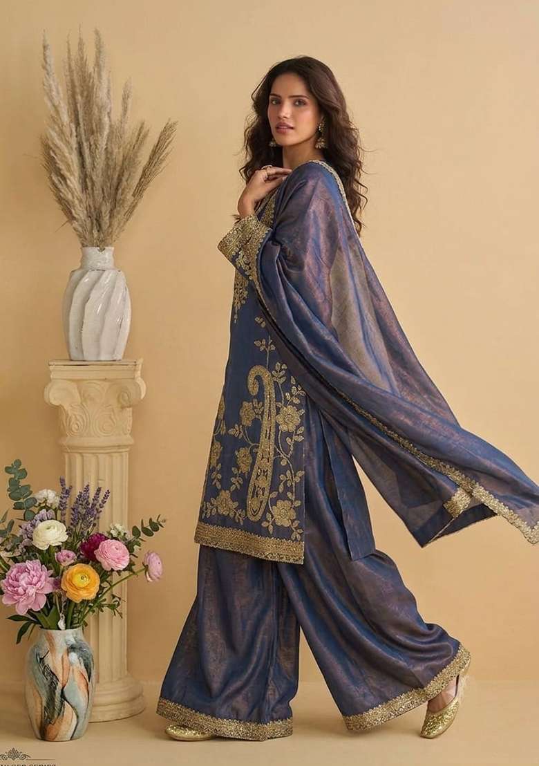 Purple Sequin Work Silk Kurta Set - Indya
