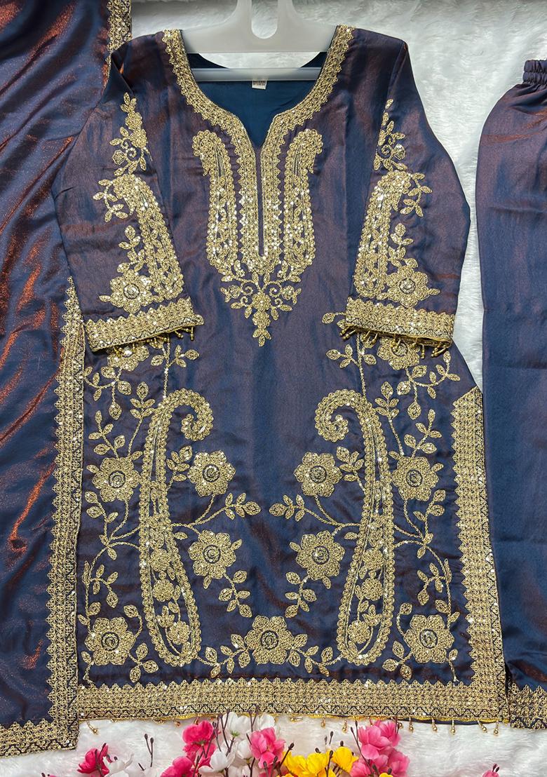 Purple Sequin Work Silk Kurta Set - Indya