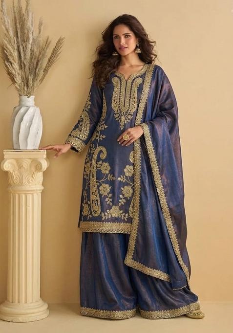 Purple Sequin Work Silk Kurta Set