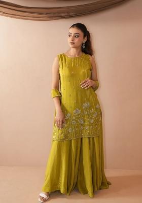Yellow Embroidered Crepe Kurta Set