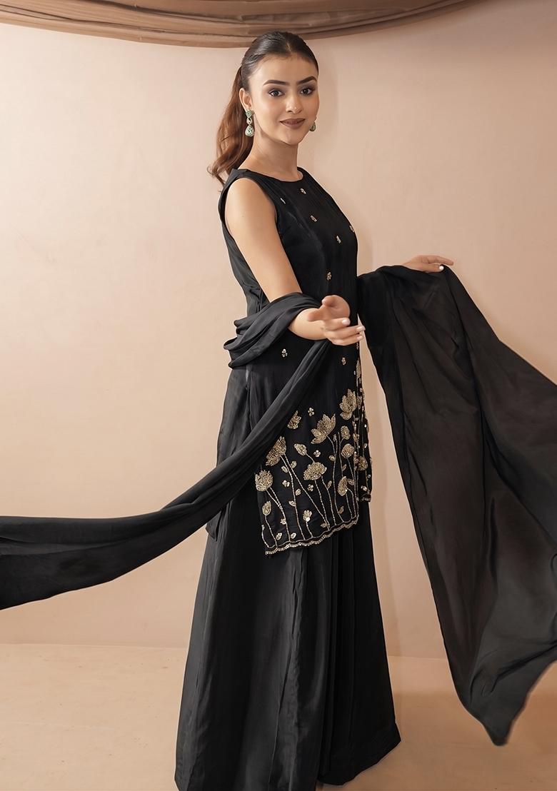Black Embroidered Crepe Kurta Set - Indya