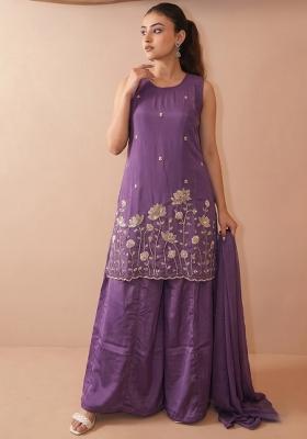 Lavender Embroidered Crepe Kurta Set