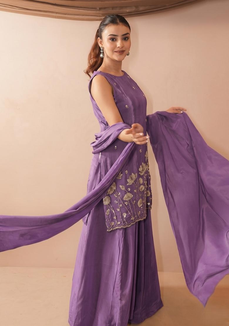 Lavender Embroidered Crepe Kurta Set - Indya