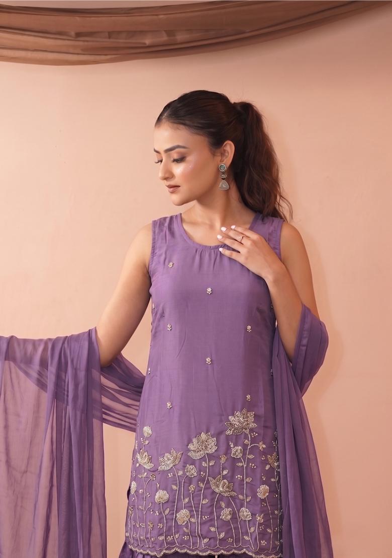 Lavender Embroidered Crepe Kurta Set - Indya