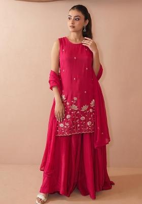 Pink Embroidered Crepe Kurta Set