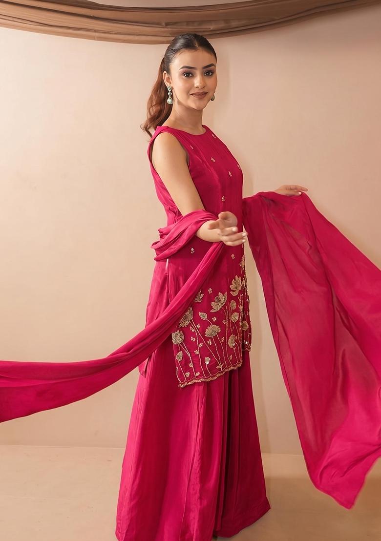 Pink Embroidered Crepe Kurta Set - Indya