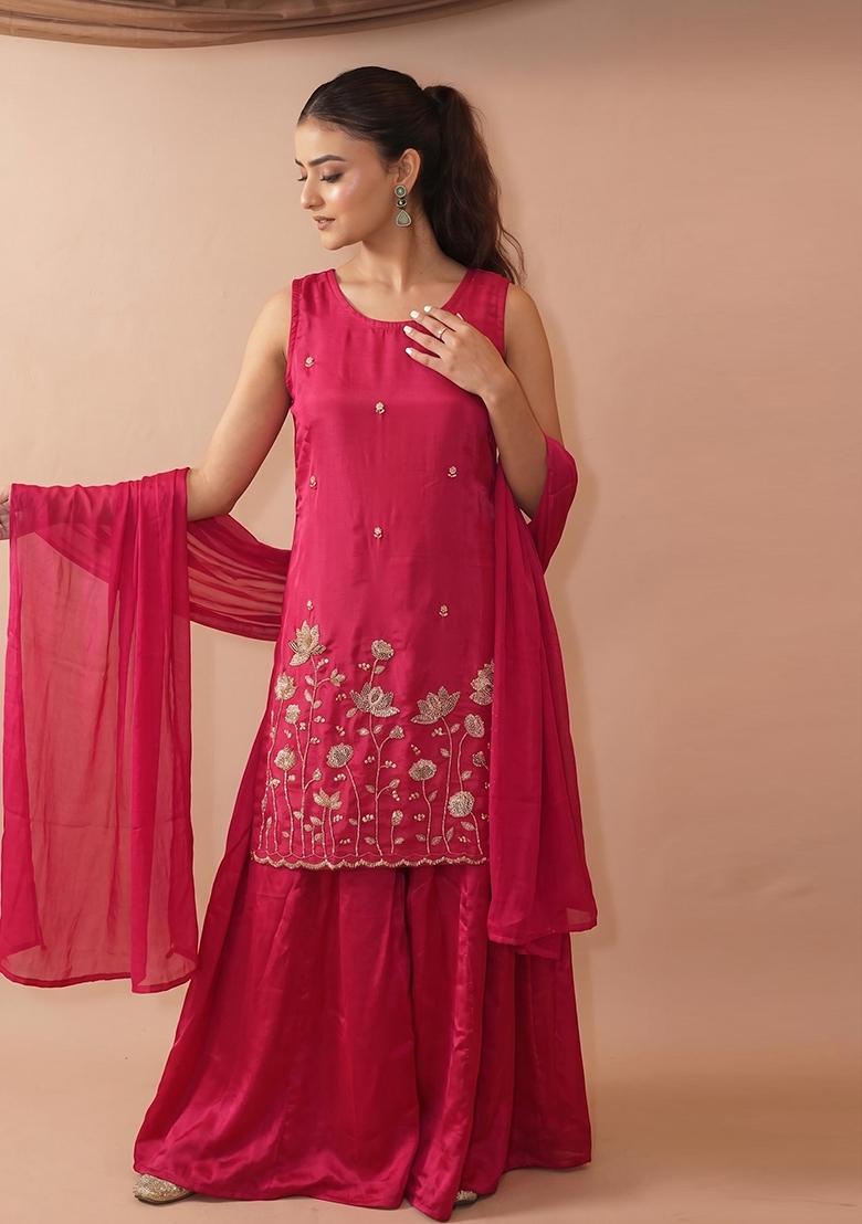 Pink Embroidered Crepe Kurta Set - Indya
