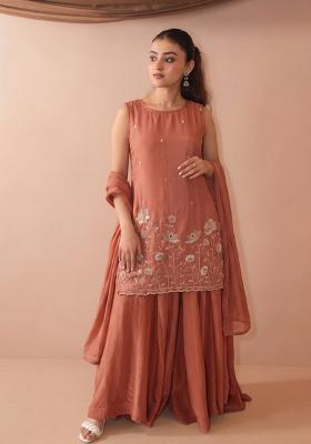 Peach Embroidered Crepe Kurta Set