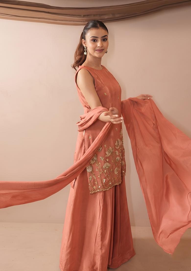 Peach Embroidered Crepe Kurta Set - Indya