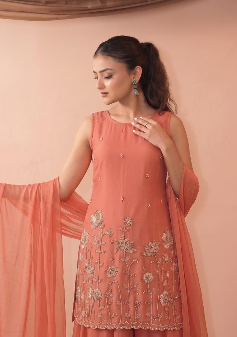 Peach Embroidered Crepe Kurta Set - Indya