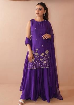 Purple Embroidered Crepe Kurta Set