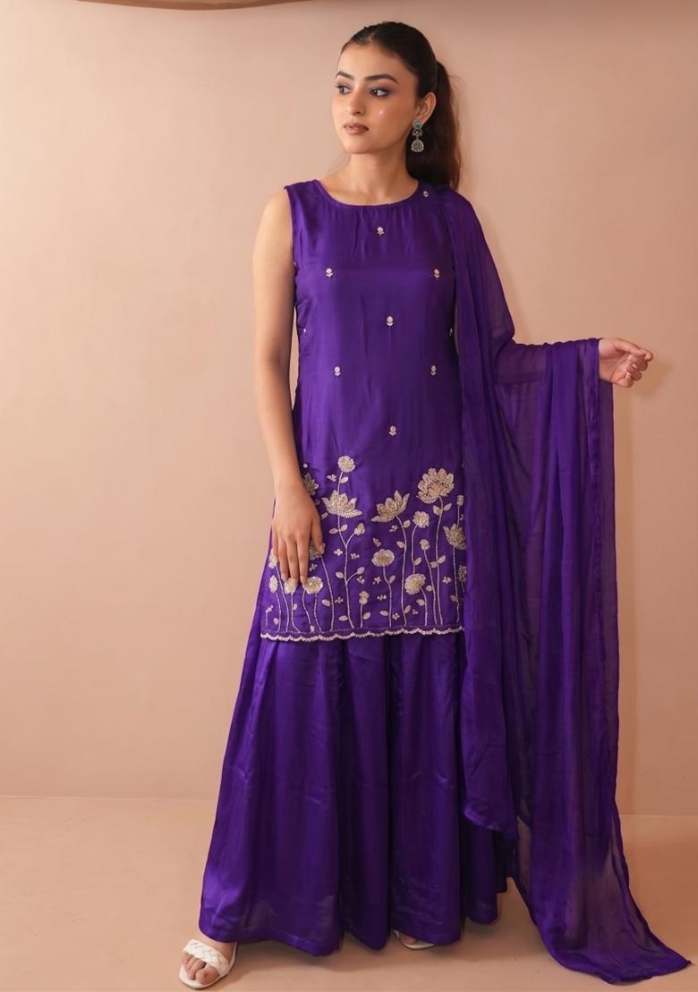 Purple Embroidered Crepe Kurta Set - Indya